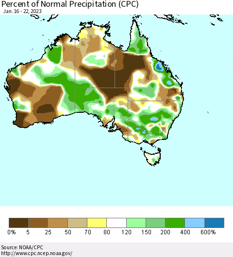 Australia Percent of Normal Precipitation (CPC) Thematic Map For 1/16/2023 - 1/22/2023