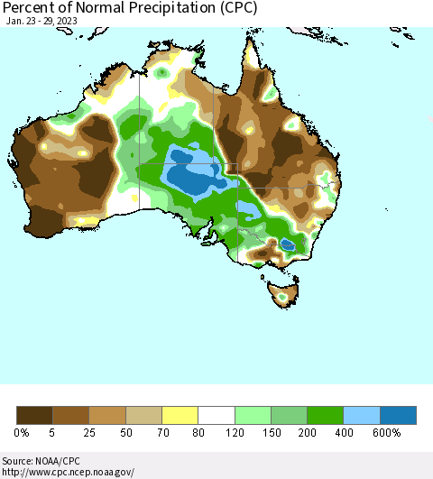 Australia Percent of Normal Precipitation (CPC) Thematic Map For 1/23/2023 - 1/29/2023