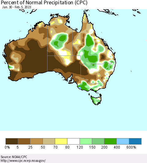 Australia Percent of Normal Precipitation (CPC) Thematic Map For 1/30/2023 - 2/5/2023