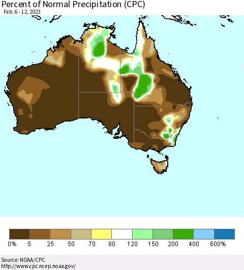 Australia Percent of Normal Precipitation (CPC) Thematic Map For 2/6/2023 - 2/12/2023