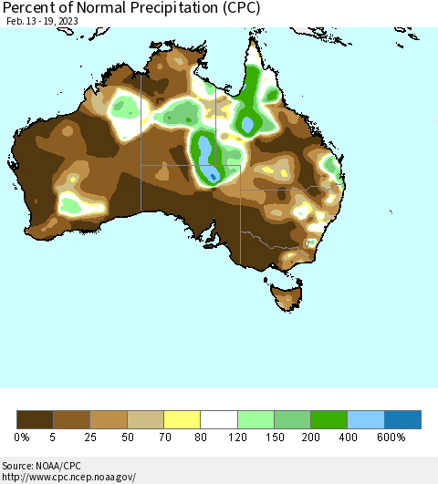 Australia Percent of Normal Precipitation (CPC) Thematic Map For 2/13/2023 - 2/19/2023
