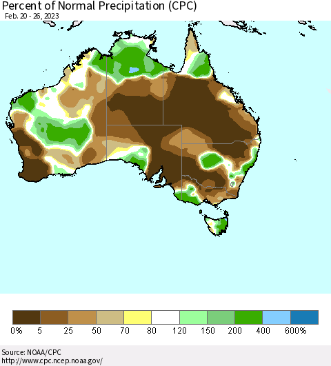 Australia Percent of Normal Precipitation (CPC) Thematic Map For 2/20/2023 - 2/26/2023