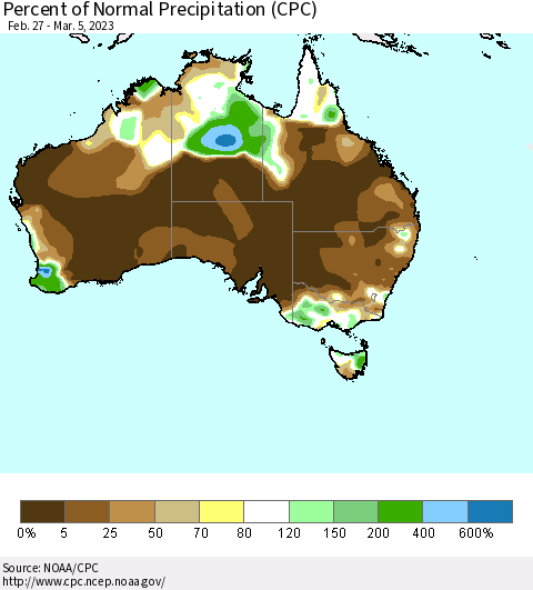 Australia Percent of Normal Precipitation (CPC) Thematic Map For 2/27/2023 - 3/5/2023