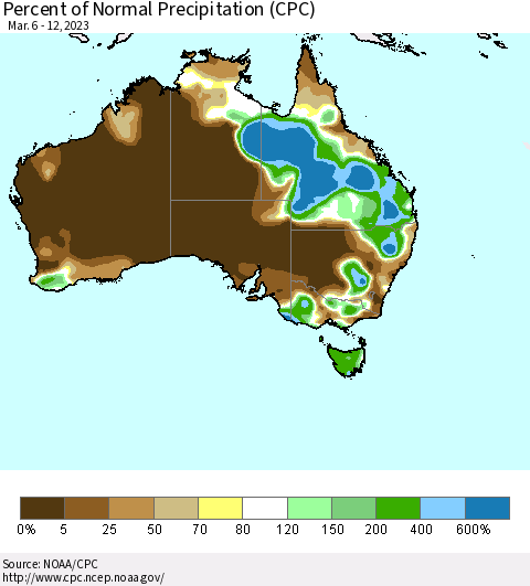 Australia Percent of Normal Precipitation (CPC) Thematic Map For 3/6/2023 - 3/12/2023