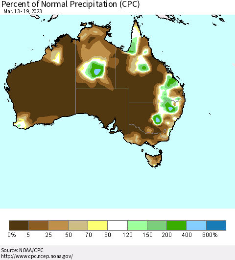 Australia Percent of Normal Precipitation (CPC) Thematic Map For 3/13/2023 - 3/19/2023