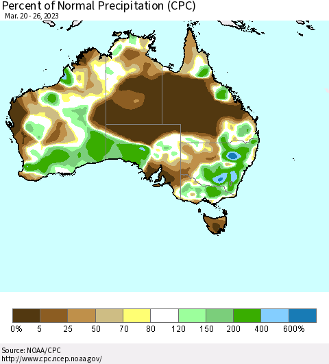 Australia Percent of Normal Precipitation (CPC) Thematic Map For 3/20/2023 - 3/26/2023