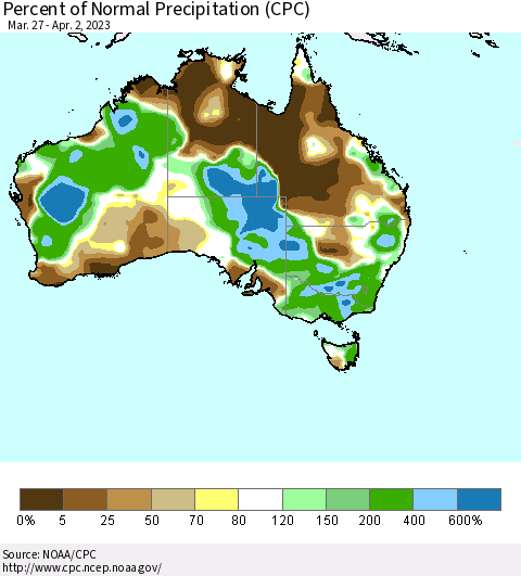 Australia Percent of Normal Precipitation (CPC) Thematic Map For 3/27/2023 - 4/2/2023