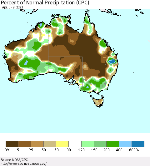 Australia Percent of Normal Precipitation (CPC) Thematic Map For 4/3/2023 - 4/9/2023