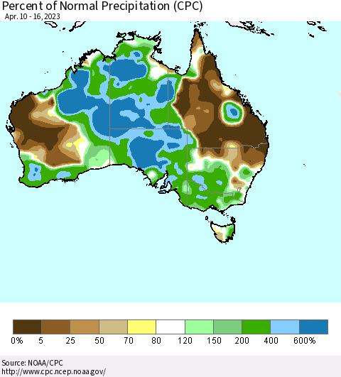 Australia Percent of Normal Precipitation (CPC) Thematic Map For 4/10/2023 - 4/16/2023