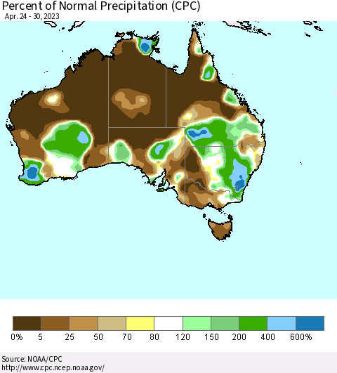 Australia Percent of Normal Precipitation (CPC) Thematic Map For 4/24/2023 - 4/30/2023