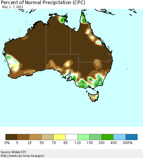 Australia Percent of Normal Precipitation (CPC) Thematic Map For 5/1/2023 - 5/7/2023