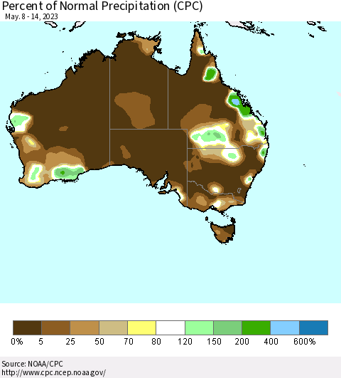 Australia Percent of Normal Precipitation (CPC) Thematic Map For 5/8/2023 - 5/14/2023