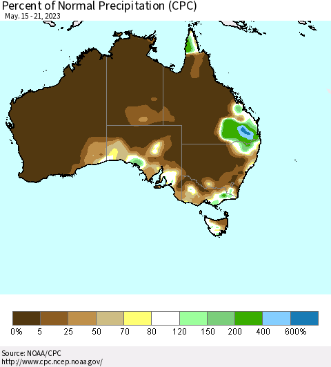 Australia Percent of Normal Precipitation (CPC) Thematic Map For 5/15/2023 - 5/21/2023