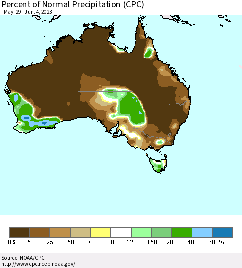 Australia Percent of Normal Precipitation (CPC) Thematic Map For 5/29/2023 - 6/4/2023