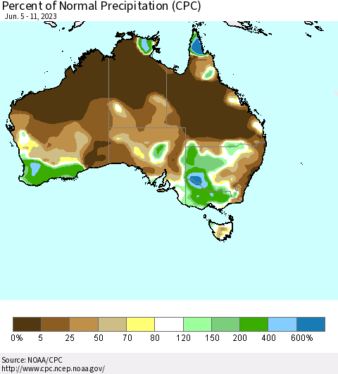 Australia Percent of Normal Precipitation (CPC) Thematic Map For 6/5/2023 - 6/11/2023