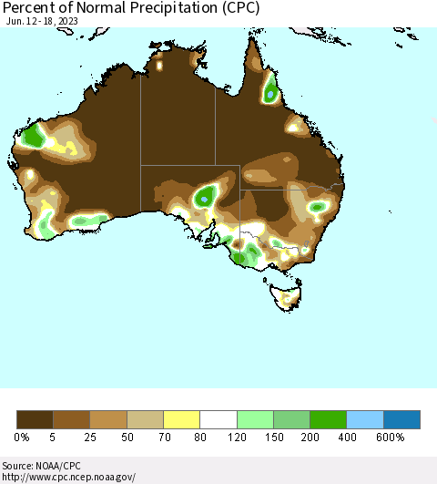 Australia Percent of Normal Precipitation (CPC) Thematic Map For 6/12/2023 - 6/18/2023