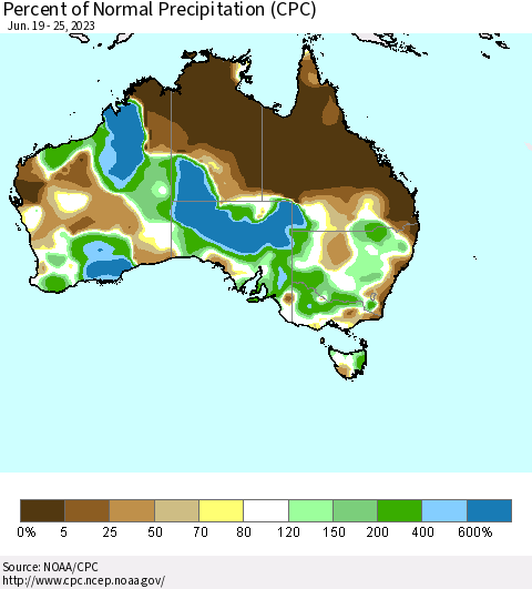 Australia Percent of Normal Precipitation (CPC) Thematic Map For 6/19/2023 - 6/25/2023