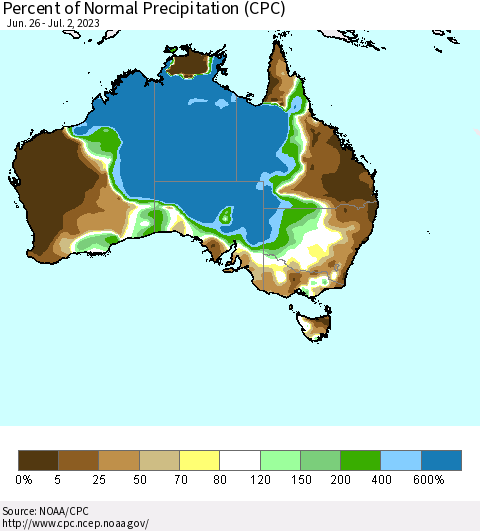 Australia Percent of Normal Precipitation (CPC) Thematic Map For 6/26/2023 - 7/2/2023
