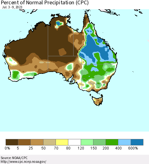 Australia Percent of Normal Precipitation (CPC) Thematic Map For 7/3/2023 - 7/9/2023