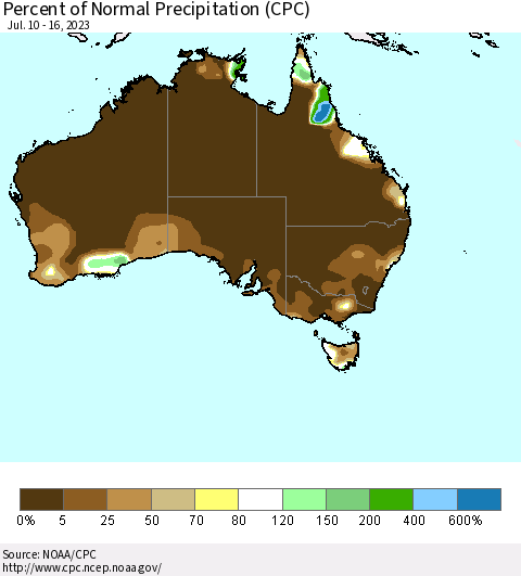 Australia Percent of Normal Precipitation (CPC) Thematic Map For 7/10/2023 - 7/16/2023