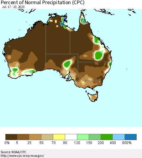 Australia Percent of Normal Precipitation (CPC) Thematic Map For 7/17/2023 - 7/23/2023