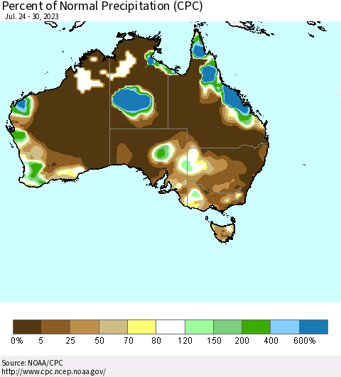 Australia Percent of Normal Precipitation (CPC) Thematic Map For 7/24/2023 - 7/30/2023