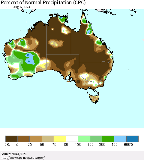 Australia Percent of Normal Precipitation (CPC) Thematic Map For 7/31/2023 - 8/6/2023