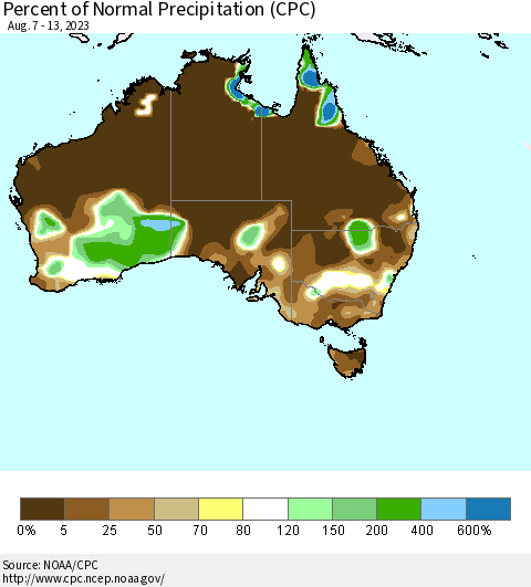 Australia Percent of Normal Precipitation (CPC) Thematic Map For 8/7/2023 - 8/13/2023