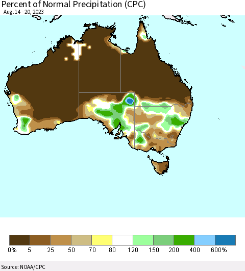 Australia Percent of Normal Precipitation (CPC) Thematic Map For 8/14/2023 - 8/20/2023