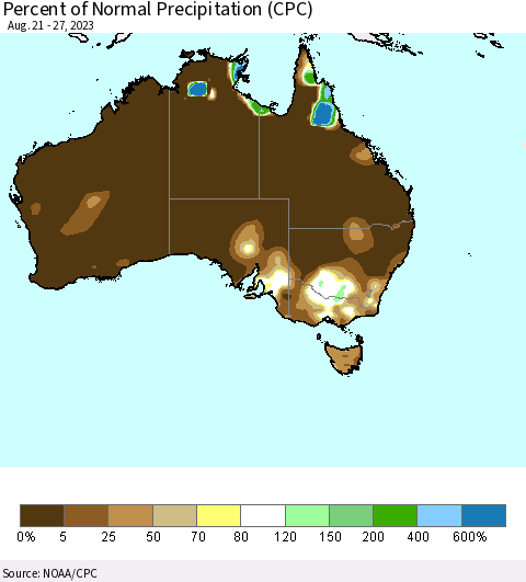 Australia Percent of Normal Precipitation (CPC) Thematic Map For 8/21/2023 - 8/27/2023