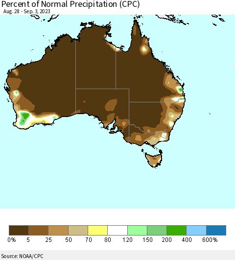 Australia Percent of Normal Precipitation (CPC) Thematic Map For 8/28/2023 - 9/3/2023