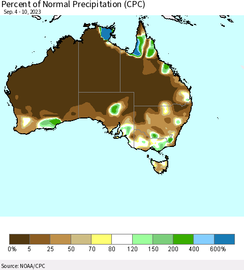 Australia Percent of Normal Precipitation (CPC) Thematic Map For 9/4/2023 - 9/10/2023