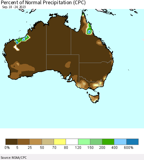 Australia Percent of Normal Precipitation (CPC) Thematic Map For 9/18/2023 - 9/24/2023