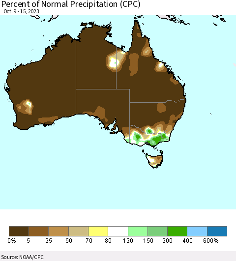 Australia Percent of Normal Precipitation (CPC) Thematic Map For 10/9/2023 - 10/15/2023