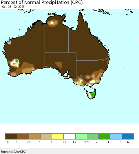 Australia Percent of Normal Precipitation (CPC) Thematic Map For 10/16/2023 - 10/22/2023