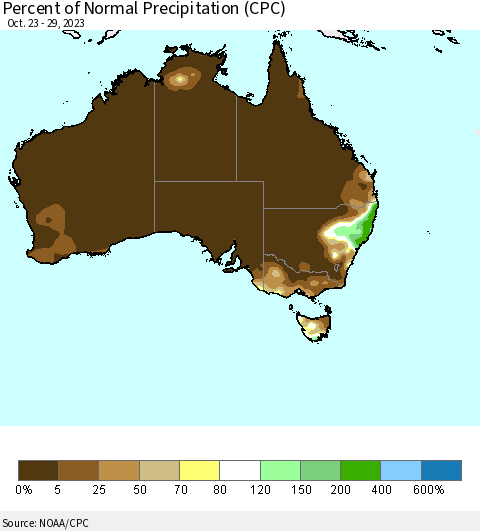 Australia Percent of Normal Precipitation (CPC) Thematic Map For 10/23/2023 - 10/29/2023
