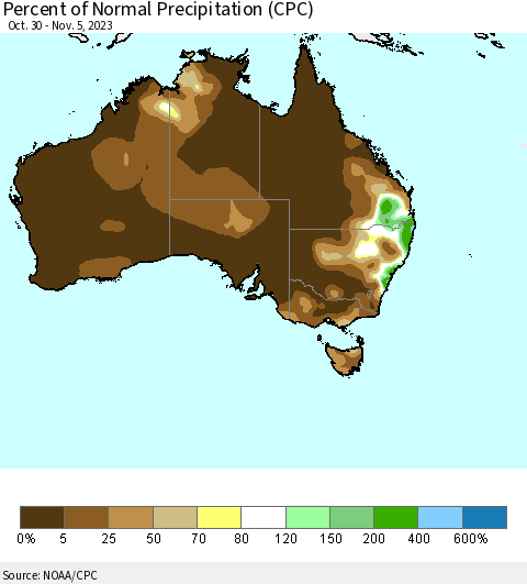 Australia Percent of Normal Precipitation (CPC) Thematic Map For 10/30/2023 - 11/5/2023