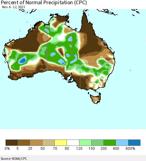 Australia Percent of Normal Precipitation (CPC) Thematic Map For 11/6/2023 - 11/12/2023