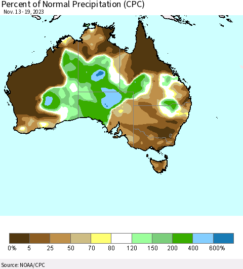 Australia Percent of Normal Precipitation (CPC) Thematic Map For 11/13/2023 - 11/19/2023