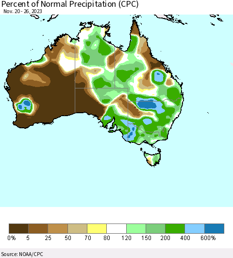 Australia Percent of Normal Precipitation (CPC) Thematic Map For 11/20/2023 - 11/26/2023