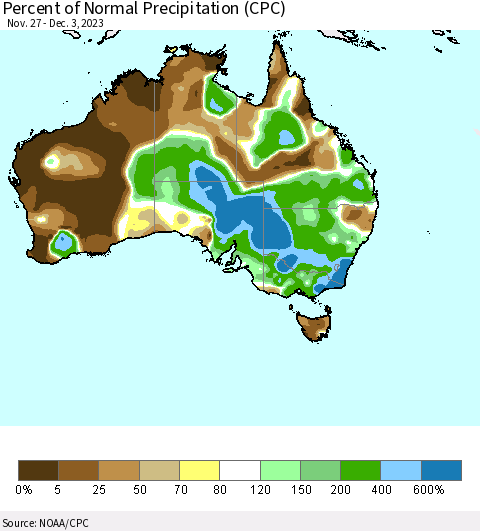 Australia Percent of Normal Precipitation (CPC) Thematic Map For 11/27/2023 - 12/3/2023