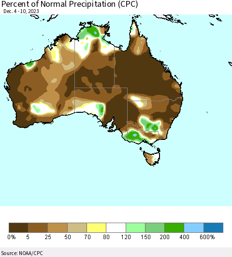 Australia Percent of Normal Precipitation (CPC) Thematic Map For 12/4/2023 - 12/10/2023