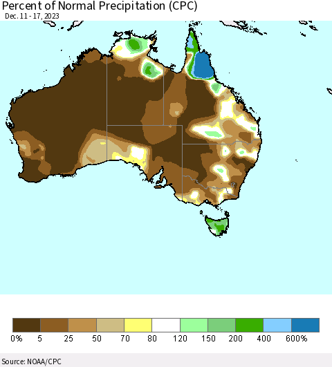 Australia Percent of Normal Precipitation (CPC) Thematic Map For 12/11/2023 - 12/17/2023