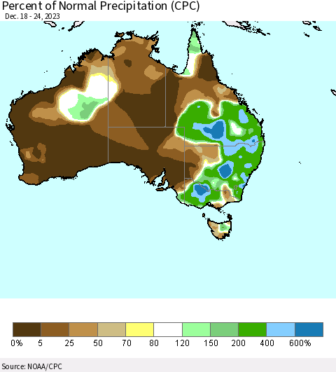 Australia Percent of Normal Precipitation (CPC) Thematic Map For 12/18/2023 - 12/24/2023