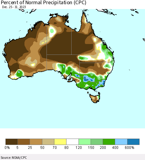Australia Percent of Normal Precipitation (CPC) Thematic Map For 12/25/2023 - 12/31/2023