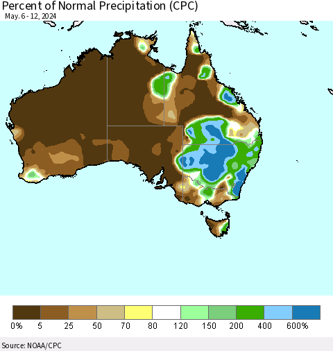Australia Percent of Normal Precipitation (CPC) Thematic Map For 5/6/2024 - 5/12/2024