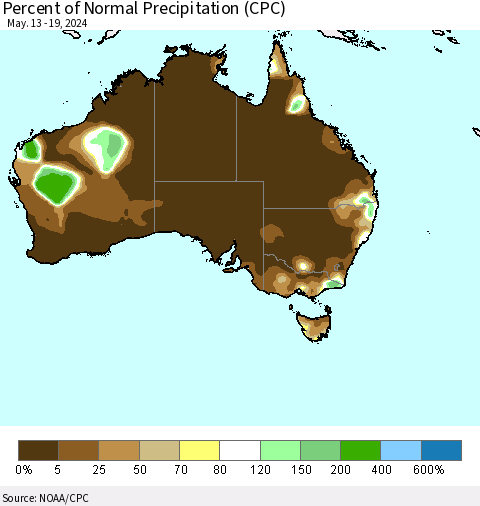 Australia Percent of Normal Precipitation (CPC) Thematic Map For 5/13/2024 - 5/19/2024