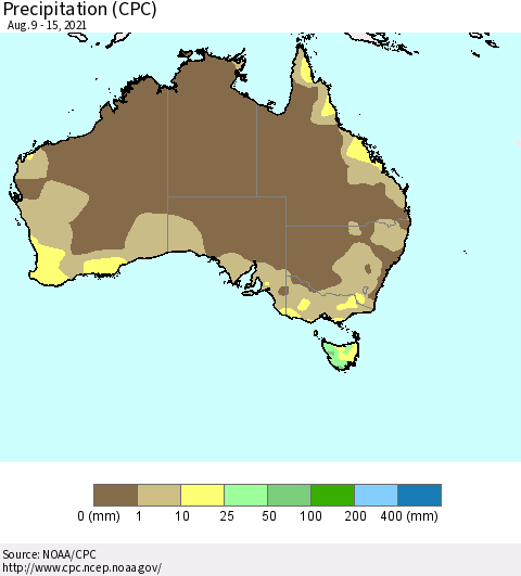 Australia Precipitation (CPC) Thematic Map For 8/9/2021 - 8/15/2021