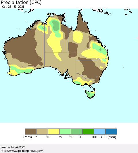Australia Precipitation (CPC) Thematic Map For 10/25/2021 - 10/31/2021