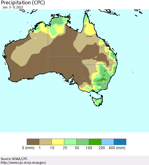 Australia Precipitation (CPC) Thematic Map For 1/3/2022 - 1/9/2022